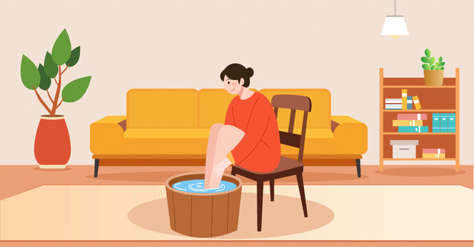 年輕女子足浴身體排毒養(yǎng)生泡腳人物矢量插畫