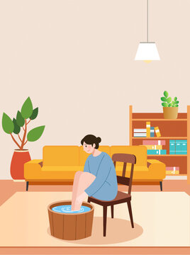 年輕女子足浴身體排毒養(yǎng)生泡腳人物矢量插畫
