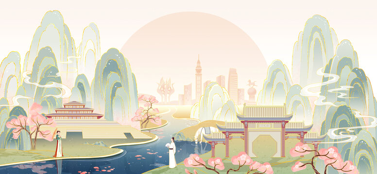 河南鶴壁創(chuàng)意插畫春天節(jié)氣山水背景