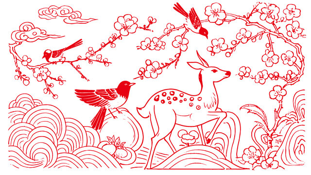 福祿壽喜插圖版畫素描底紋包裝矢量圖