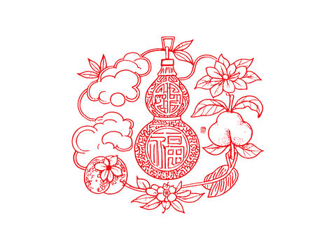 福祿壽喜插圖版畫素描底紋包裝矢量圖