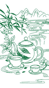 中國(guó)風(fēng)茶元素素描線稿包裝設(shè)計(jì)底紋矢量圖