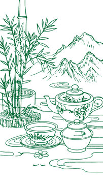中國(guó)風(fēng)茶元素素描線(xiàn)稿包裝設(shè)計(jì)底紋矢量圖