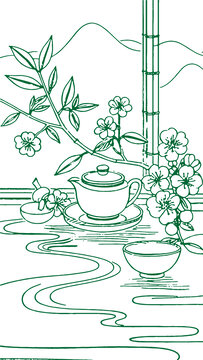 中國(guó)風(fēng)茶元素素描線(xiàn)稿包裝設(shè)計(jì)底紋矢量圖