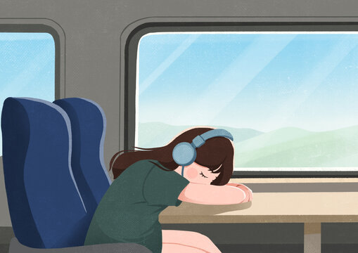 年輕女子在列車高鐵上聽音樂睡覺治愈系插畫