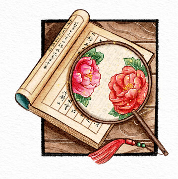 古風(fēng)插畫(huà)書(shū)籍扇子