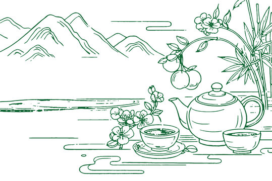 中國風(fēng)茶元素素描線稿包裝設(shè)計(jì)底紋矢量圖