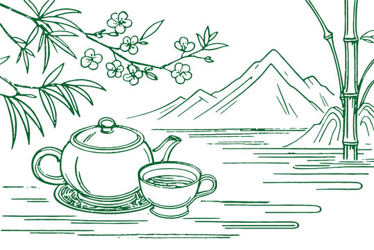 中國(guó)風(fēng)茶元素素描線(xiàn)稿包裝設(shè)計(jì)底紋矢量圖
