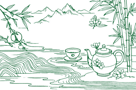 中國風(fēng)茶元素素描線稿包裝設(shè)計(jì)底紋矢量圖