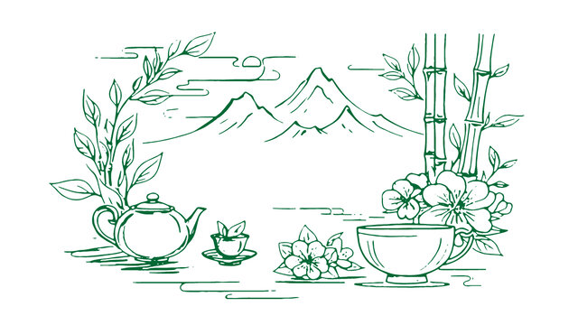 中國風茶元素素描線稿包裝設計底紋矢量圖