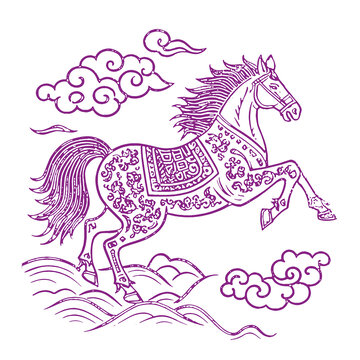 馬年生肖卡通素描線稿包裝設計底紋矢量圖