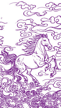 馬年生肖卡通素描線稿包裝設計底紋矢量圖