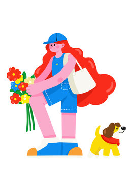 卡通扁平女孩花朵插畫(huà)