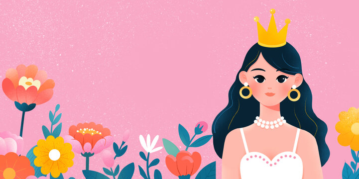 卡通扁平女孩花朵插畫