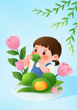 清明時節(jié)品嘗青團(tuán)插畫