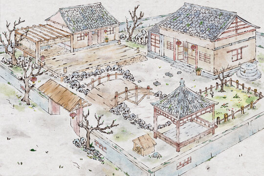 手繪水墨風(fēng)民居小院