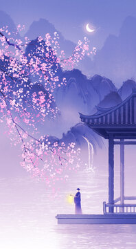 唯美夜景古風(fēng)提燈籠的書生