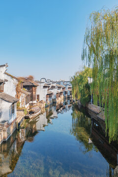 江南水鄉(xiāng)藍天水景建筑嘉興月河歷史街區(qū)