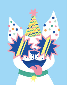 藍色背景下戴生日帽和墨鏡的派對白色狗狗