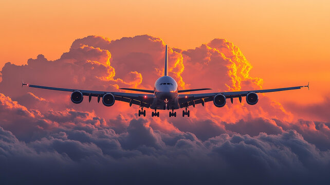 夕陽下的飛機(jī)降落云海