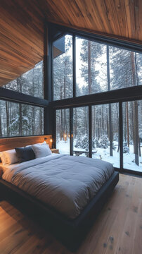 冬季小屋臥室的雪景森林