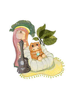 沙發(fā)衣柜吉他小場(chǎng)景組合水彩插畫(huà)元素