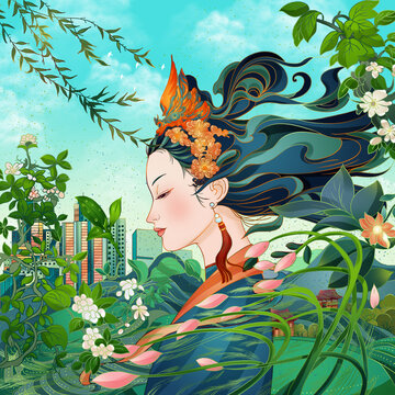 茶園綠茶女孩風(fēng)景人物城市插畫