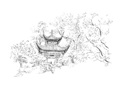 湖南長(zhǎng)沙岳麓山愛(ài)晚亭鋼筆畫(huà)