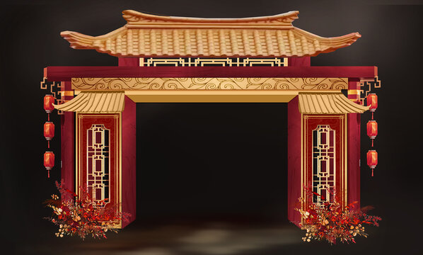 紅色新中式婚禮門(mén)頭拱門(mén)效果圖