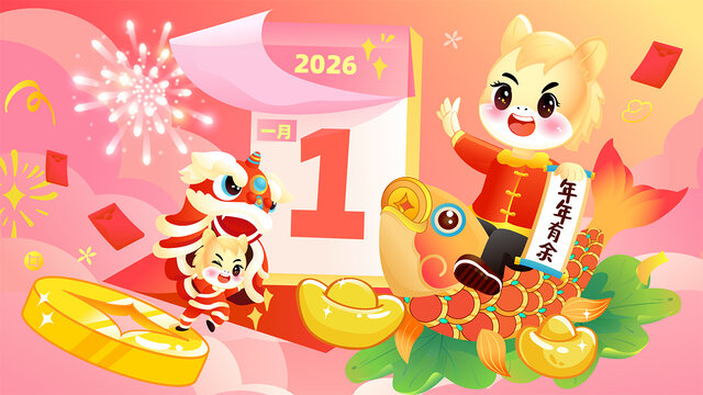 國潮馬年卡通新年春節(jié)新春日歷IP插畫