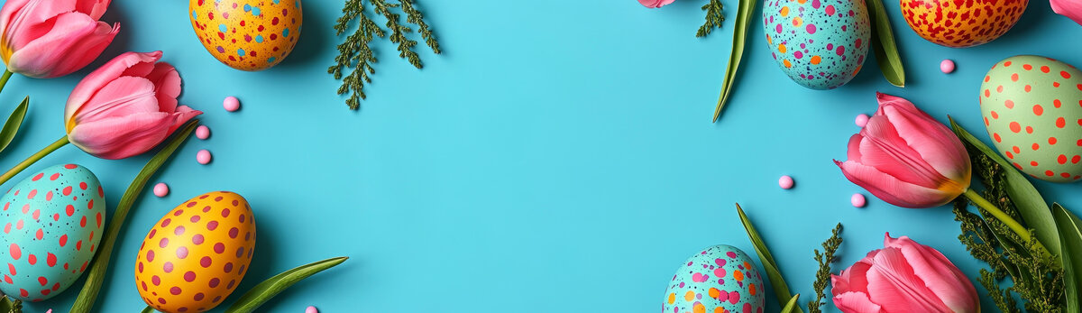復活節(jié)彩蛋和郁金香的淺藍色背景