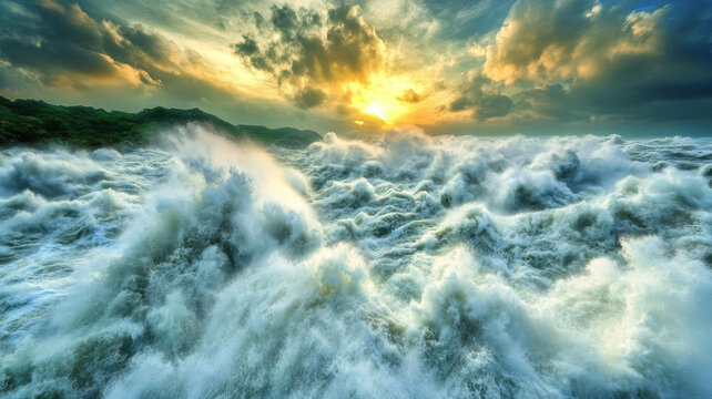 夕陽下的狂野海浪