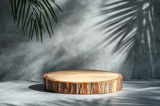 灰色墻面下的木質(zhì)圓盤展示臺(tái)
