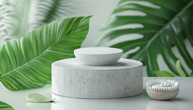 自然綠色植物背景下的簡約展示臺