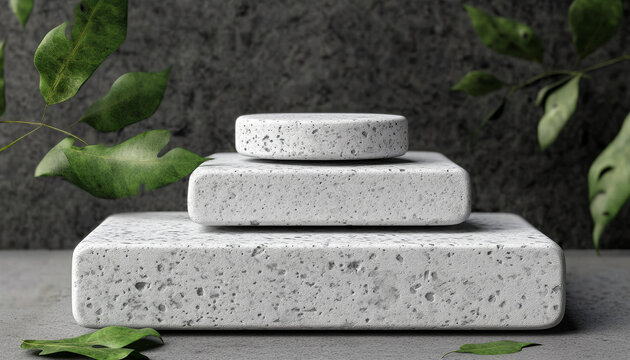 疊層灰色石頭產(chǎn)品展示臺(tái)與綠色植物