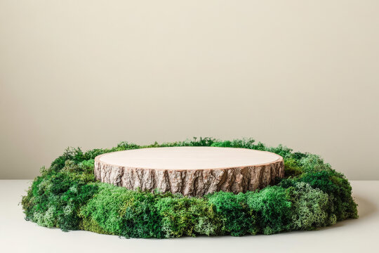 自然木樁展示臺上的綠色苔蘚