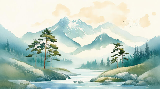 水彩畫中的朦朧山景