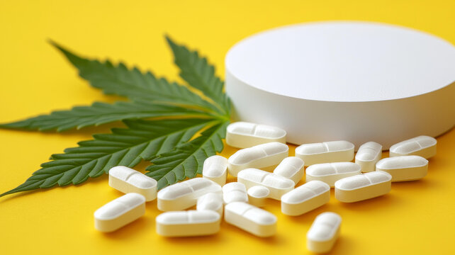 黃色背景下的大麻藥丸