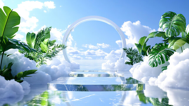 空中云朵平臺與拱門綠色植物
