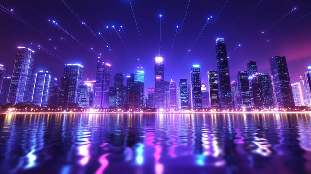 霓虹燈光下的未來城市夜景
