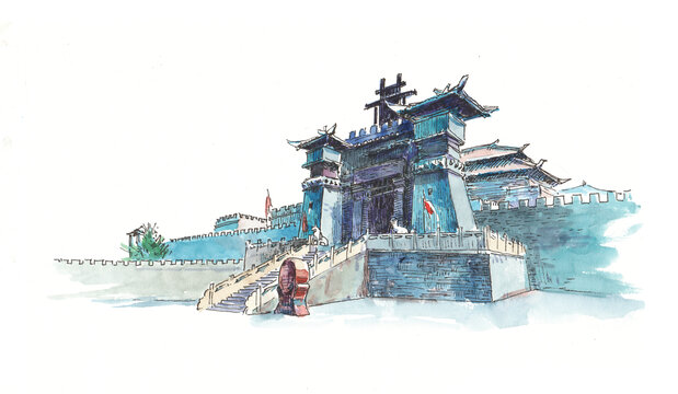 湖南咸寧市三國(guó)赤壁古戰(zhàn)場(chǎng)水彩