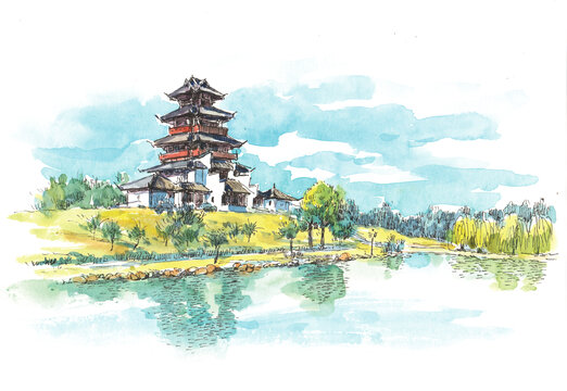 湖南長(zhǎng)沙花明樓水彩