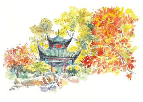 湖南長沙岳麓山愛晚亭水彩