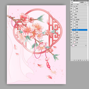 古風(fēng)桃花與古窗插畫