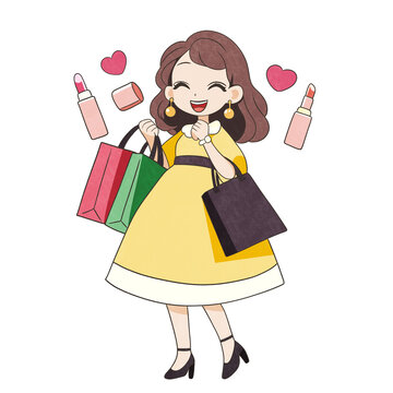 逛街購物的女人Q版卡通免摳圖案
