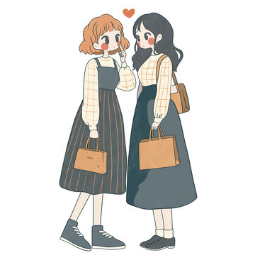 兩個逛街的女孩時尚街拍簡筆畫免摳素材