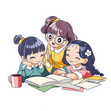 三個(gè)學(xué)習(xí)的女孩書本卡通免摳圖案