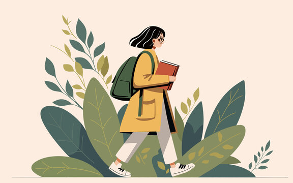 手捧書本匆匆趕路的女孩扁平插畫