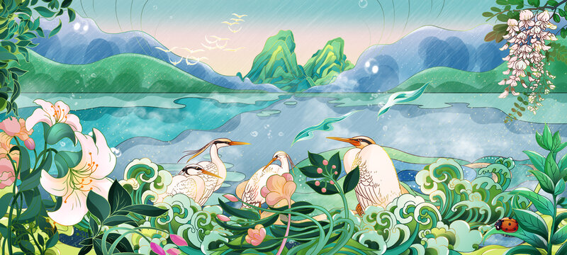 春潮風(fēng)景季節(jié)生機(jī)谷雨節(jié)氣插畫