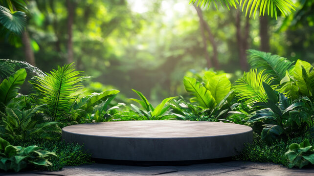 蔥郁綠植背景下的空置展示臺(tái)
